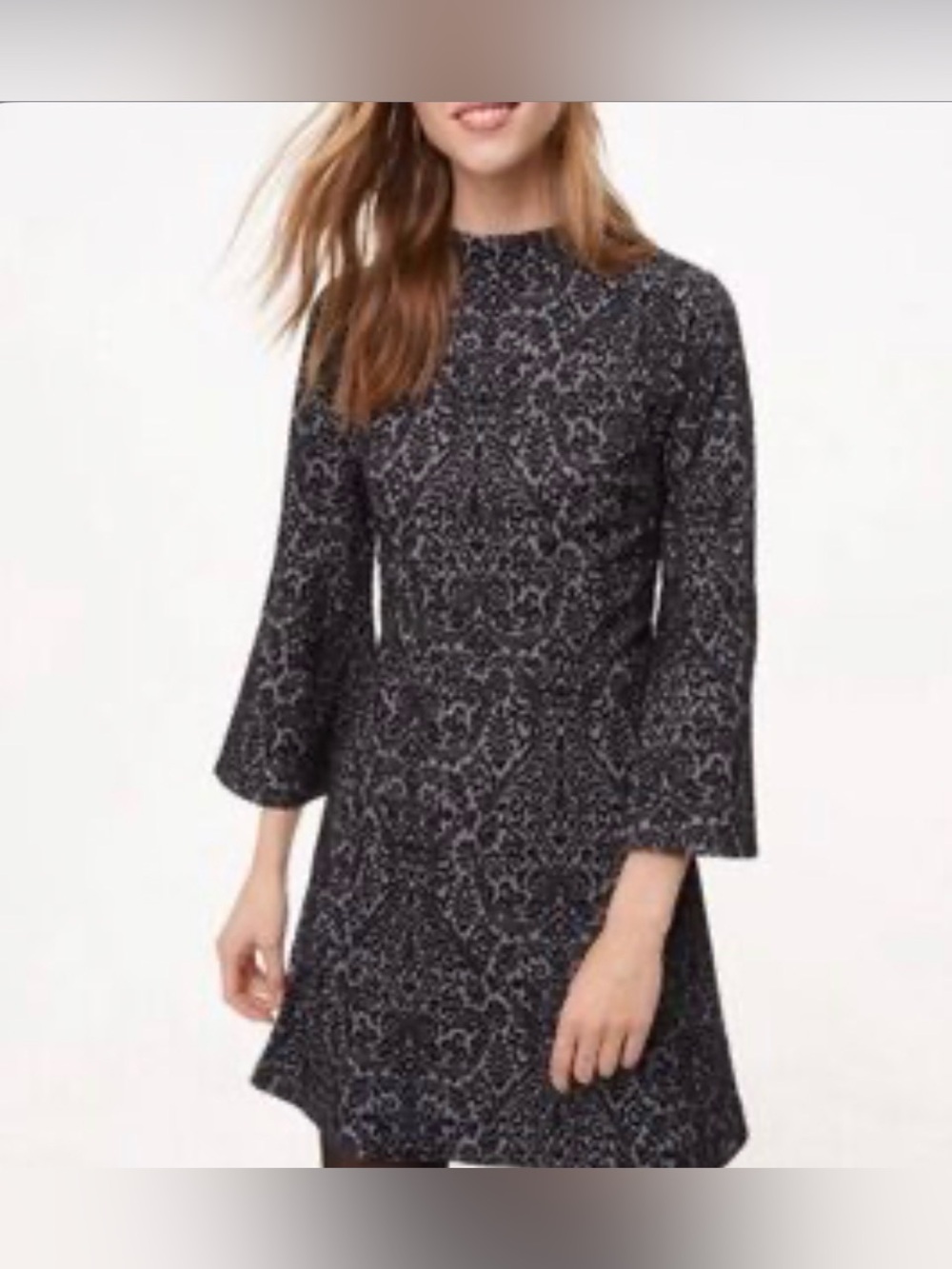 LOFT Black & Gray Flocked Damask Bell Sleeve Shift Dress Size 8